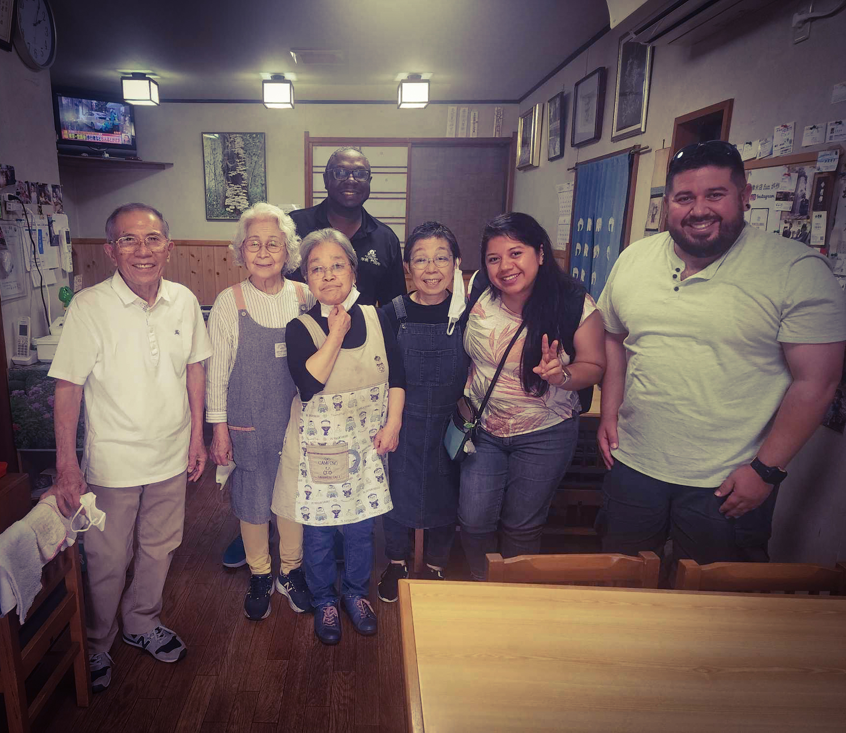 MT&C founder and guests with the owners of a family-run restaurant in Hitoyoshi, Japan