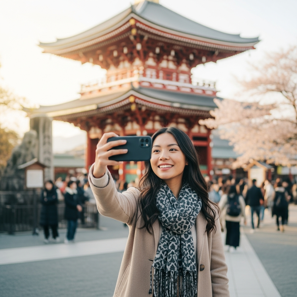A traveler at a temple in Japan