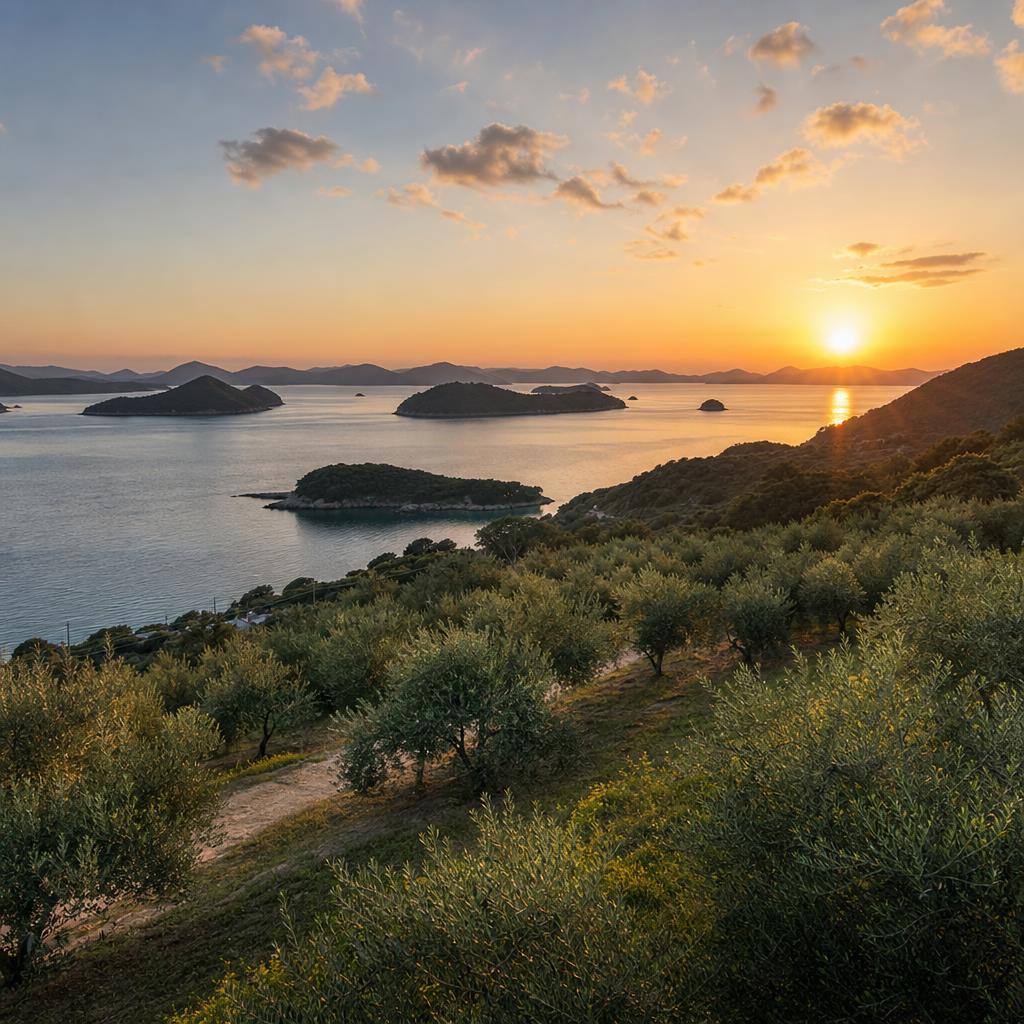 Illustrative view of the Seto Inland Sea from an olive-covered hillside