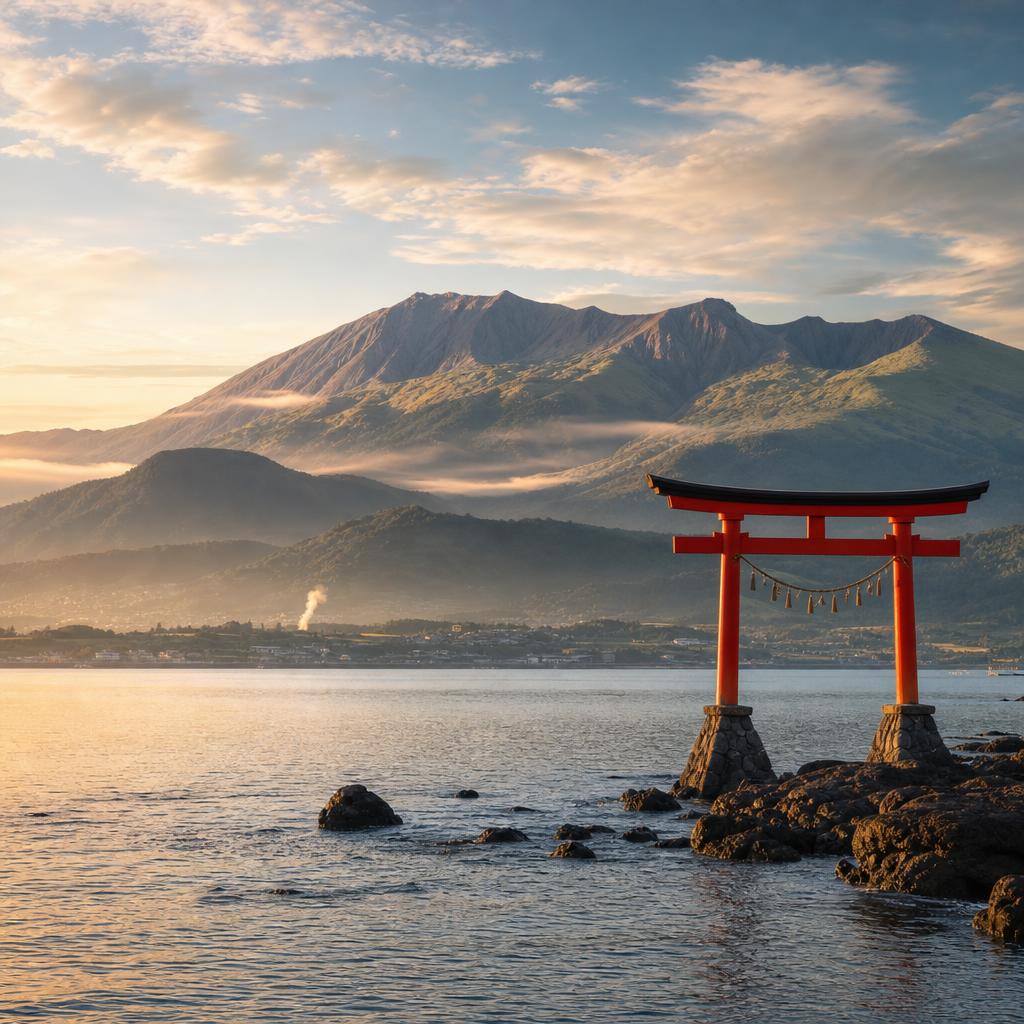 Torii gate by the sea with volcanic mountains in the background, Japan